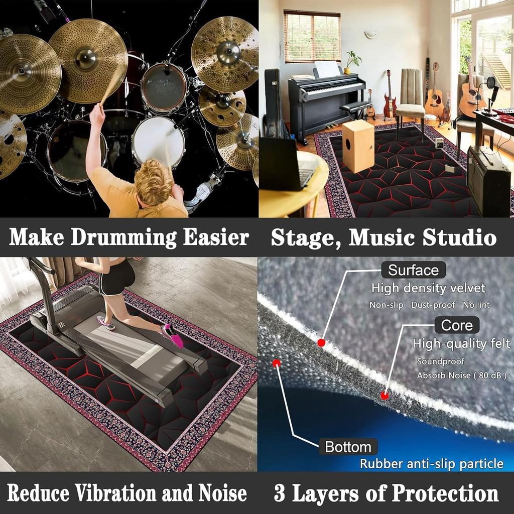Sound-Absorbing Drum Mat for Electronic Drums, Non-Slip Anti-Noise Floor Mat, Soundproof Practice Rug for Acoustic Drums