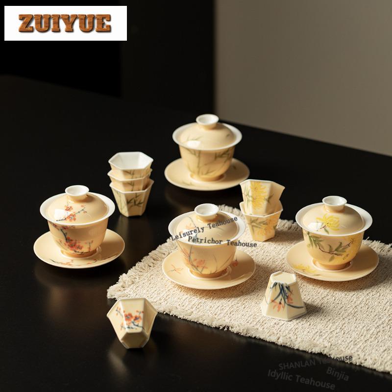 150ml Hand-painted Chrysanthemum Gaiwan Ancient Tea Tureen Tea Bowl With Lid Kit Tea Maker Cover Bowl Teaware Collection