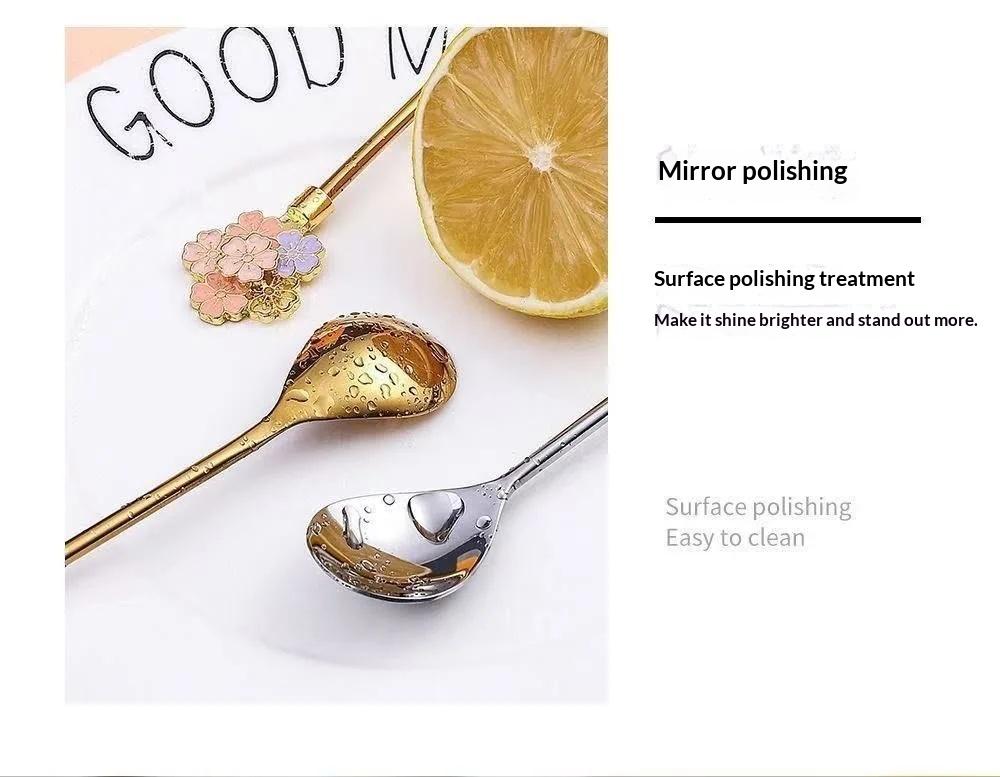 Cherry Blossom Spoon 304 Stainless Steel Creative Color Coffee Milk Breakfast Spoon Long Handle Dessert Spoon Kitchen Tools