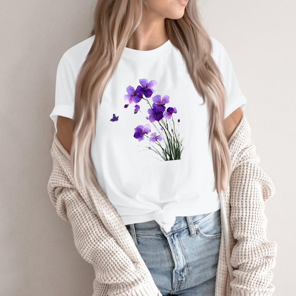 Camiseta Pulóver Casual de Moda para Mujer con Cuello Redondo Estampado y Manga Corta