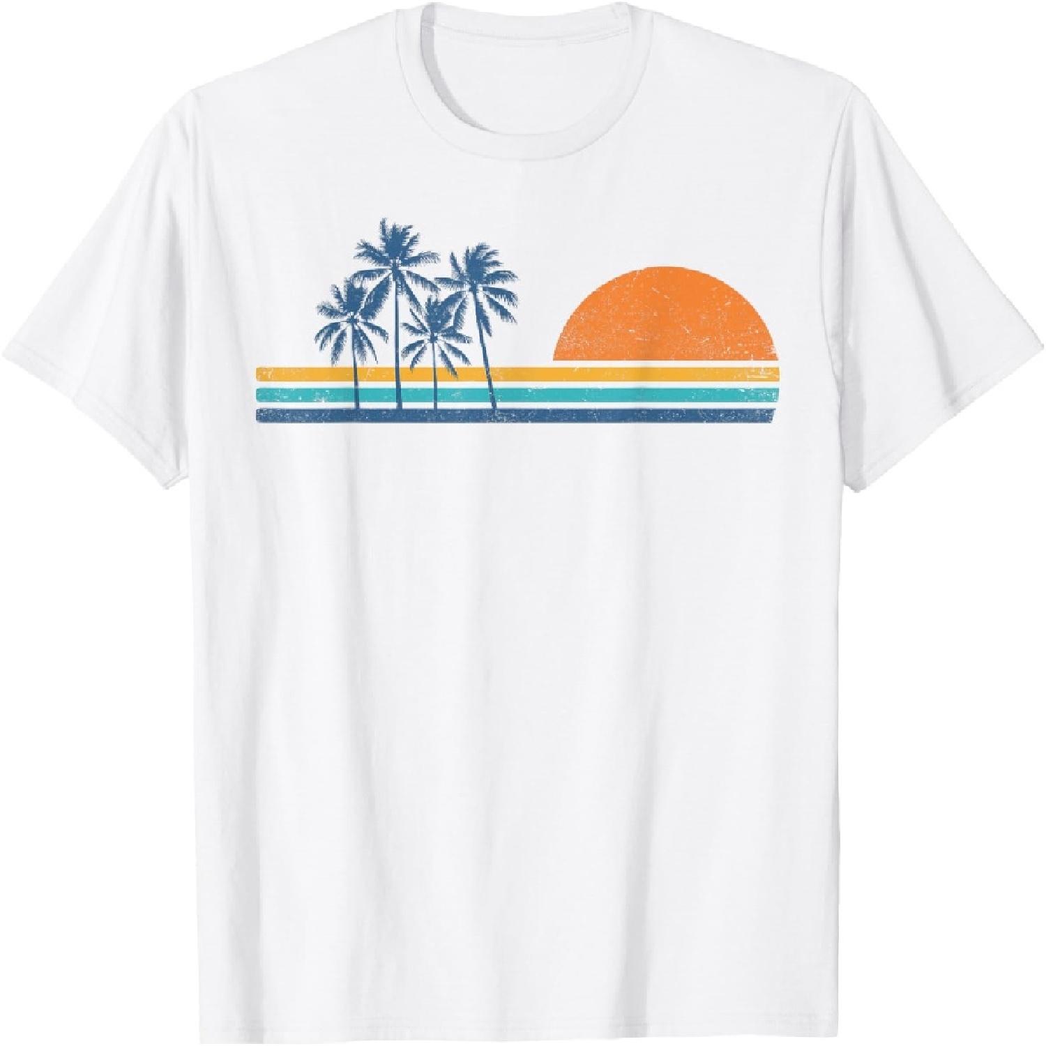 Retro 70s Sunset Palm Trees Vintage Tropical Beach Graphic T-Shirt S
