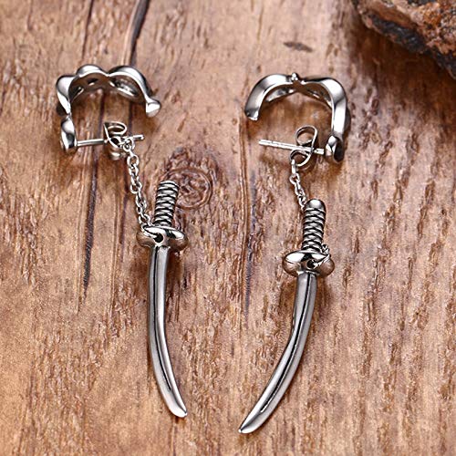 Rockyu Jewelry Brand Men's Earring Set, Popular Titanium Earrings, Silver Sword Hoop Chain Stud Earrings, Unique Religious Gift (Sword)