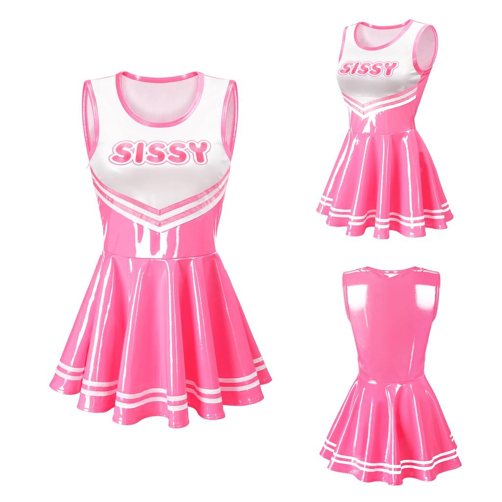 LittleForBig Women's Cheerleader Mini Dress, Shiny Faux Leather Sleeveless Dress, Pink, Size 2XL