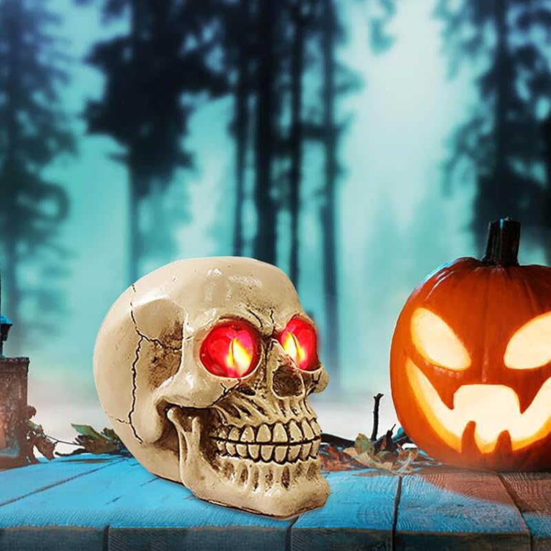 Halloween Gothic Glowing Skull, Human Skull with LED Light Up Glowing Eyes, Lighted Novelty Resin Statue, for Indoor Bar Holiday Horror Haunted House