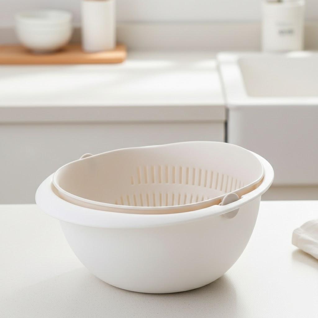 

Vegetable Fruit Cleaning Drain Basket Double Basin Rotating Strainer Picnic Essential Kitchen Tool бежевый