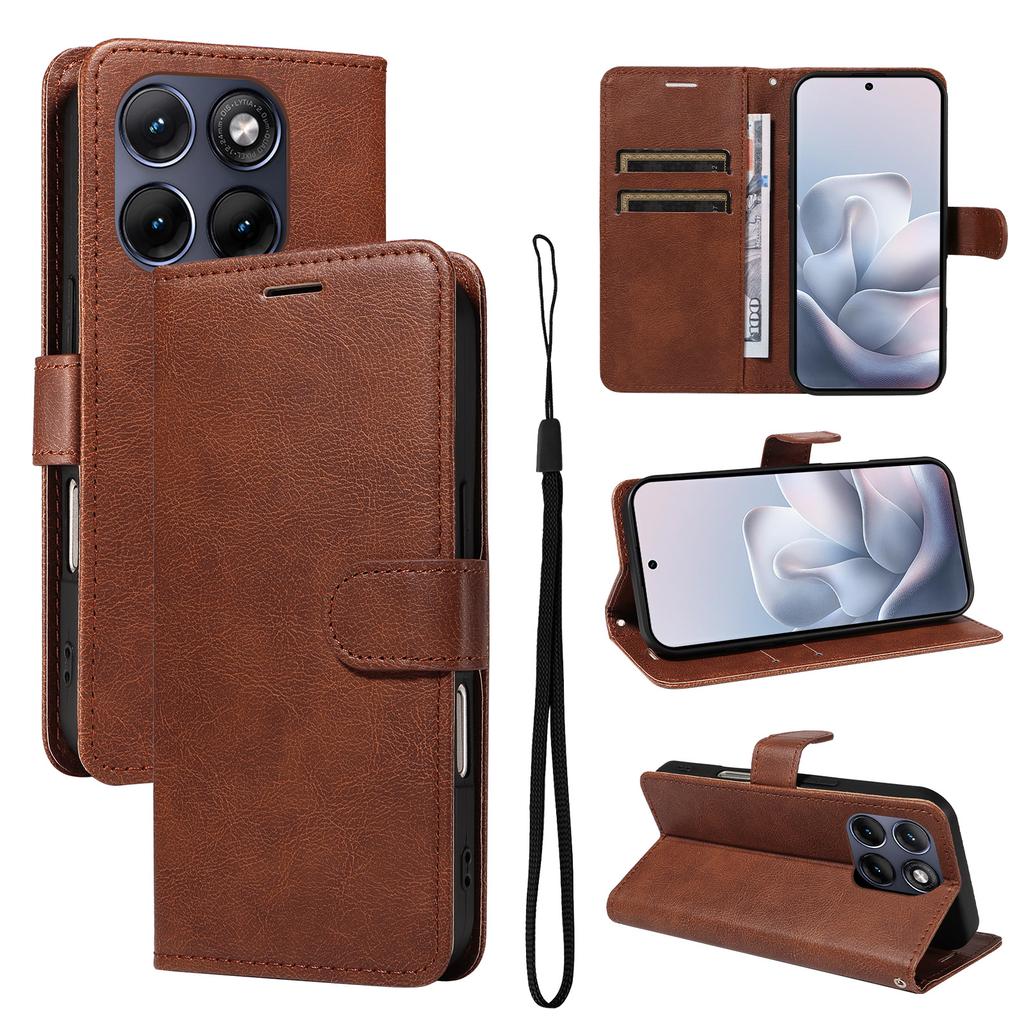 Wallet Case for Edge 70 Fusion+ 5G - Leather/PU, Brown, With Lanyard