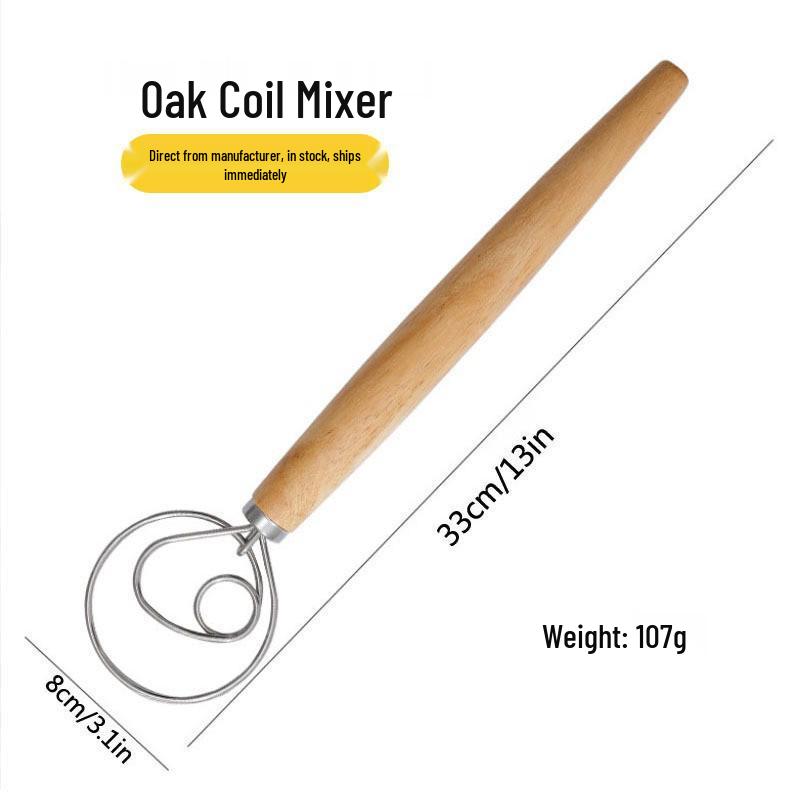 Oak Handle Danish Dough Whisk & Flour Sifter with Stainless Steel Coil Egg Beater
