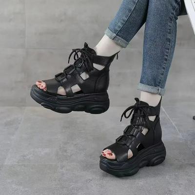Mode 2024 Neue Mode Plattform Sandalen Frauen Kreuz Echtem Leder Keile Plattform Ferse Gladiator Sandalen Frauen Sommer Römische Schuhe