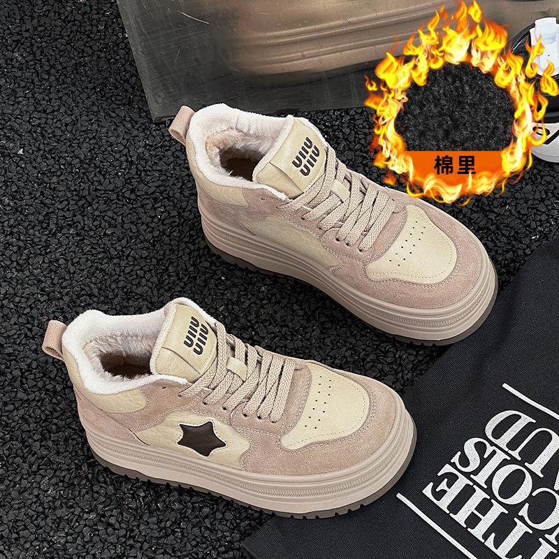 Leather high-top women's autumn and winter new panda star velvet platform sports and leisure cotton shoes