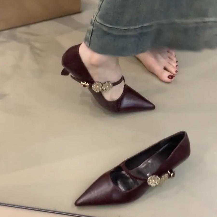 Soft leather version~ pointed temperament metal buckle one-word strap high heels light mouth low heel French commuter black single shoes women