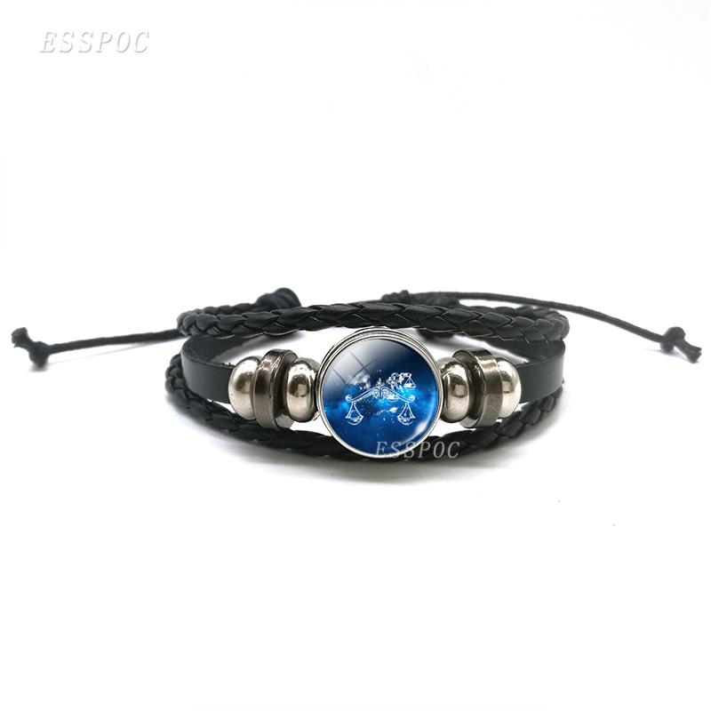 Twelve Constellations Gemstone Woven Black Leather Bracelet