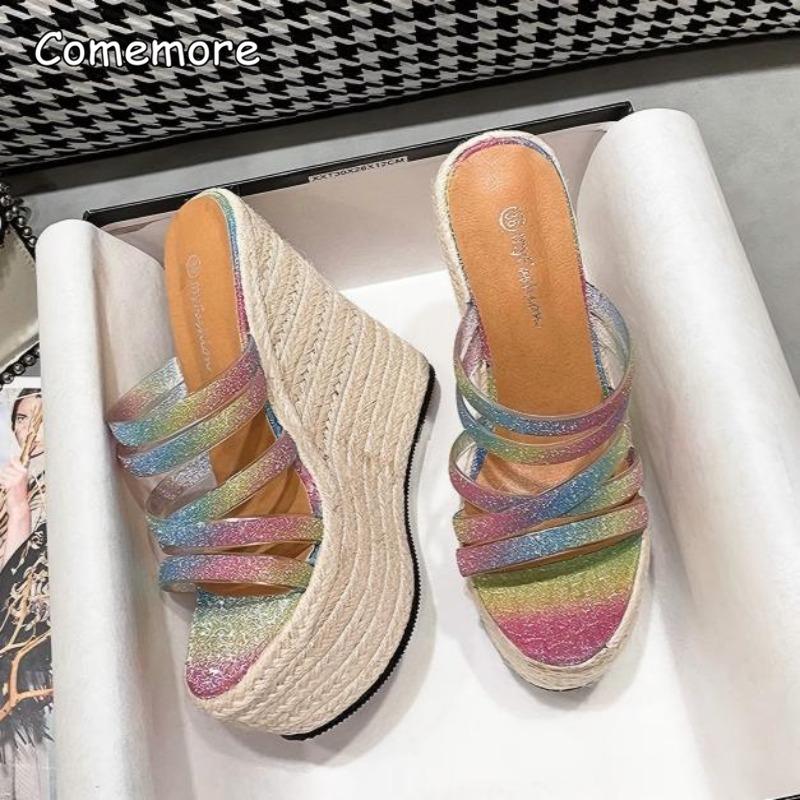 Modische Keilabsatz Hausschuhe 15CM Plateau Schuhe Sommer Strand Schuhwerk Damen Glitzer Riemen Lässige Pantoletten Pantuflas Mujer