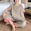 Women's Home Suits Short-sleeved Trousers Suits for Summer New Pijamas Female Pure Cotton Gauze Print Pajamas Set Plus Size