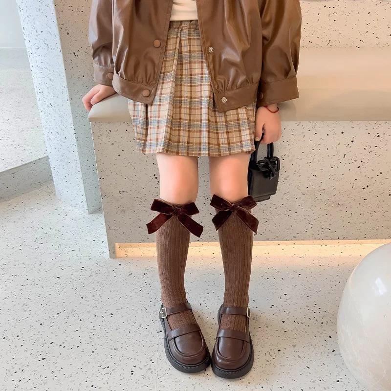 

1 пара детских носков до середины икры для девочек, милые жаккардовые носки бежевого, кофейного цвета для детей, гольфы в стиле принцессы с бантом для малышей one size кофейный