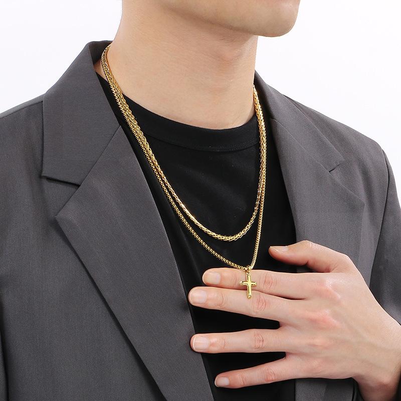 2025 Men's Stacked Cross Pendant Versatile Small Chain Men's Necklace Accessories