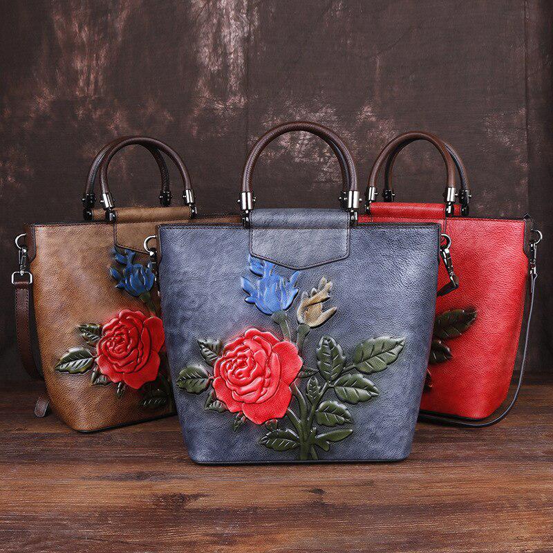 Johnature Retro Large Capacity Luxury Handbags Women Bags Designer Genuine Leather Casual Tote Rose Shoulder Bags