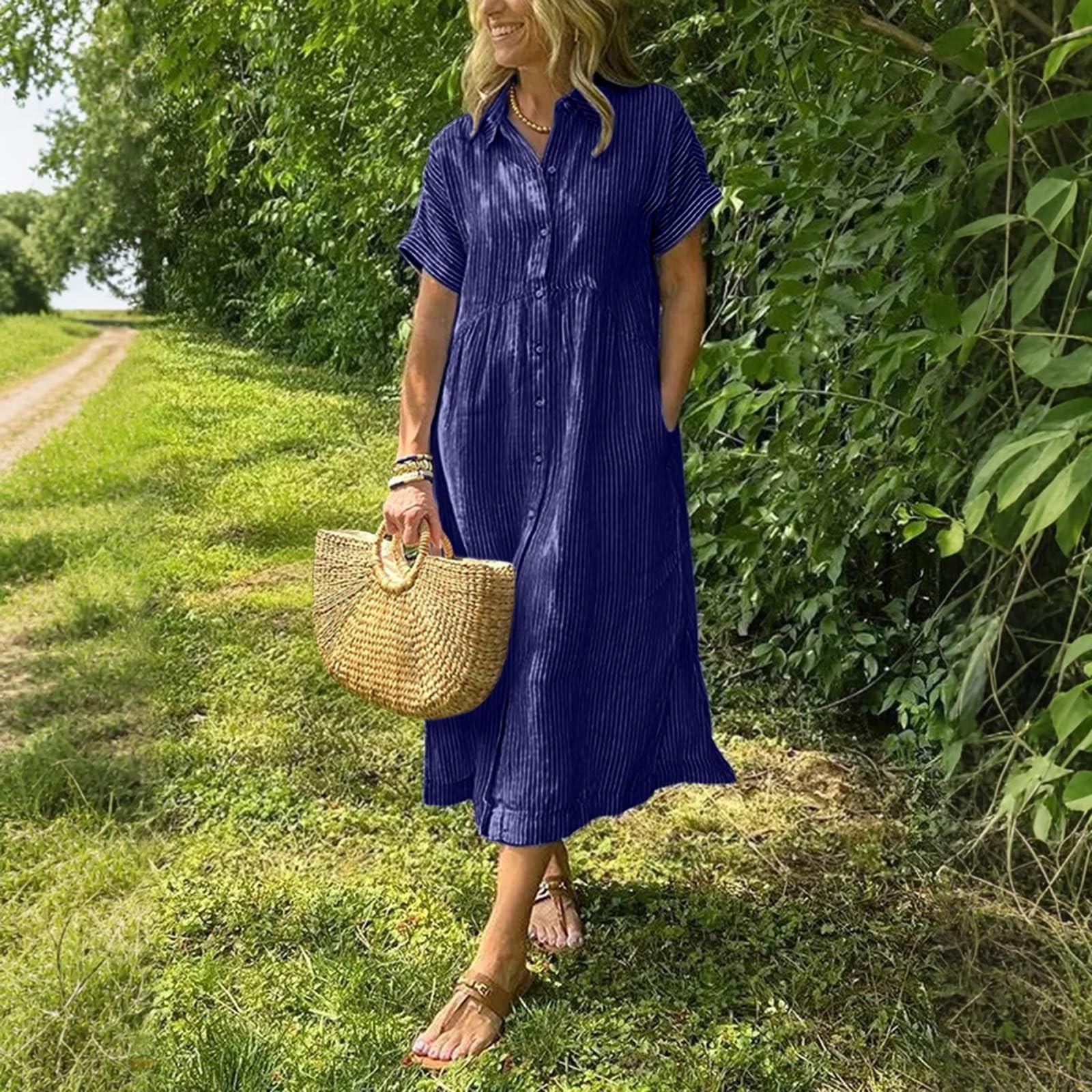 

Женское повседневное хлопково-льняное полосатое платье-рубашка с коротким рукавом и принтом M тёмно-синий