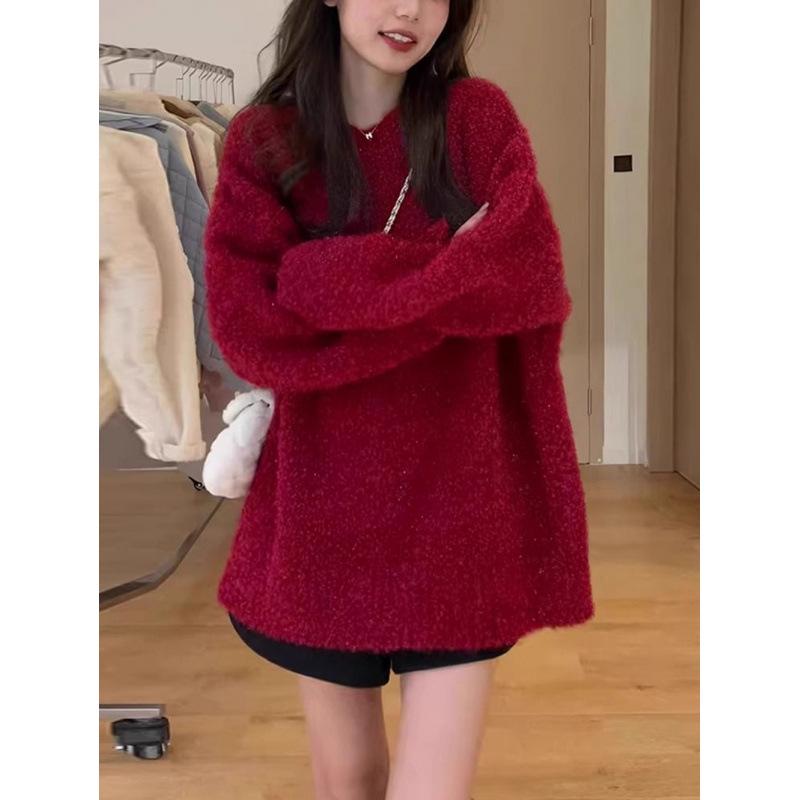 Women's Cherry Red Retro Knit Sweater - Autumn/Winter Loose Fit Long Sleeve Pullover