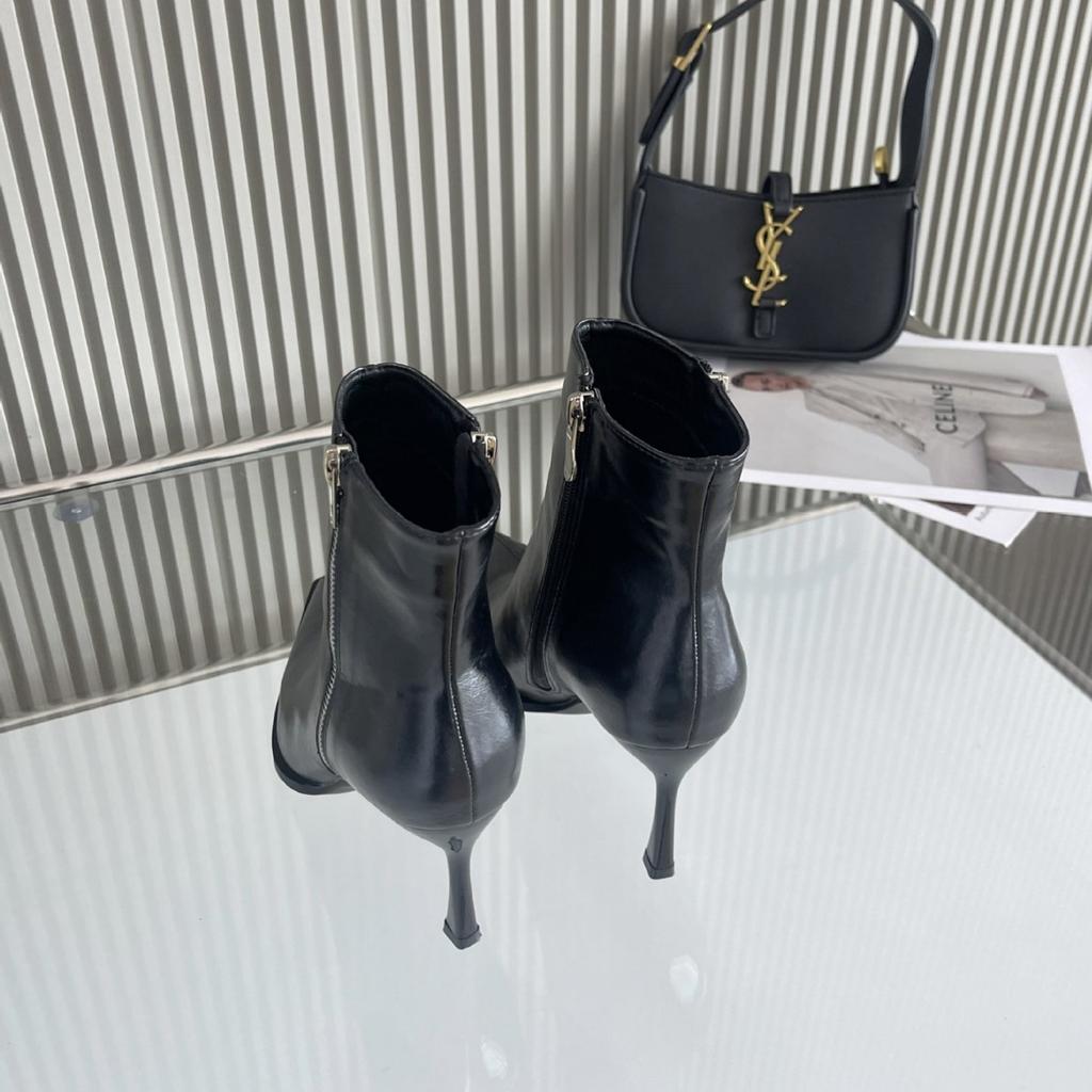 2025 new pointed thin high heel side zipper plain low tube received Martin thin women's short boots
