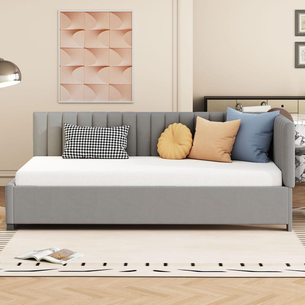Upholstered Bed Sofa Bed 90*200 Multifunctional Bed with Slatted Frame Skin-Friendly Velvet Fabric Gray