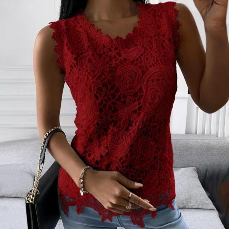 Lace Splicing Sleeveless Tops for Women Solid Color Round Neck Blouse