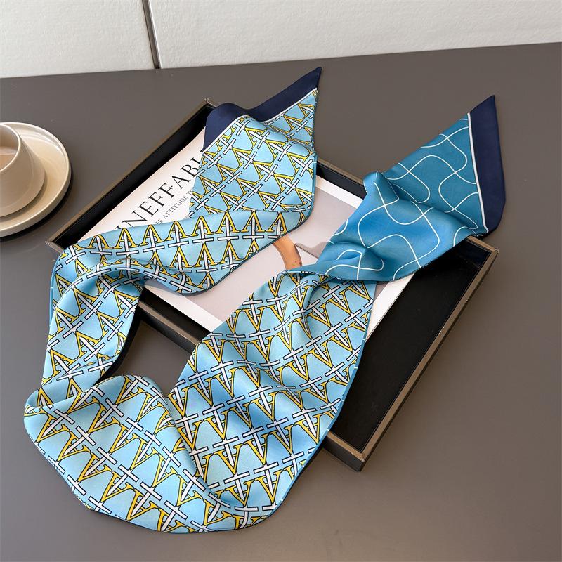 Women Silk Printed Design Scarf Shawl  Luxury Long Narrow Small Silk Scarves Ladies Headband Headscarve