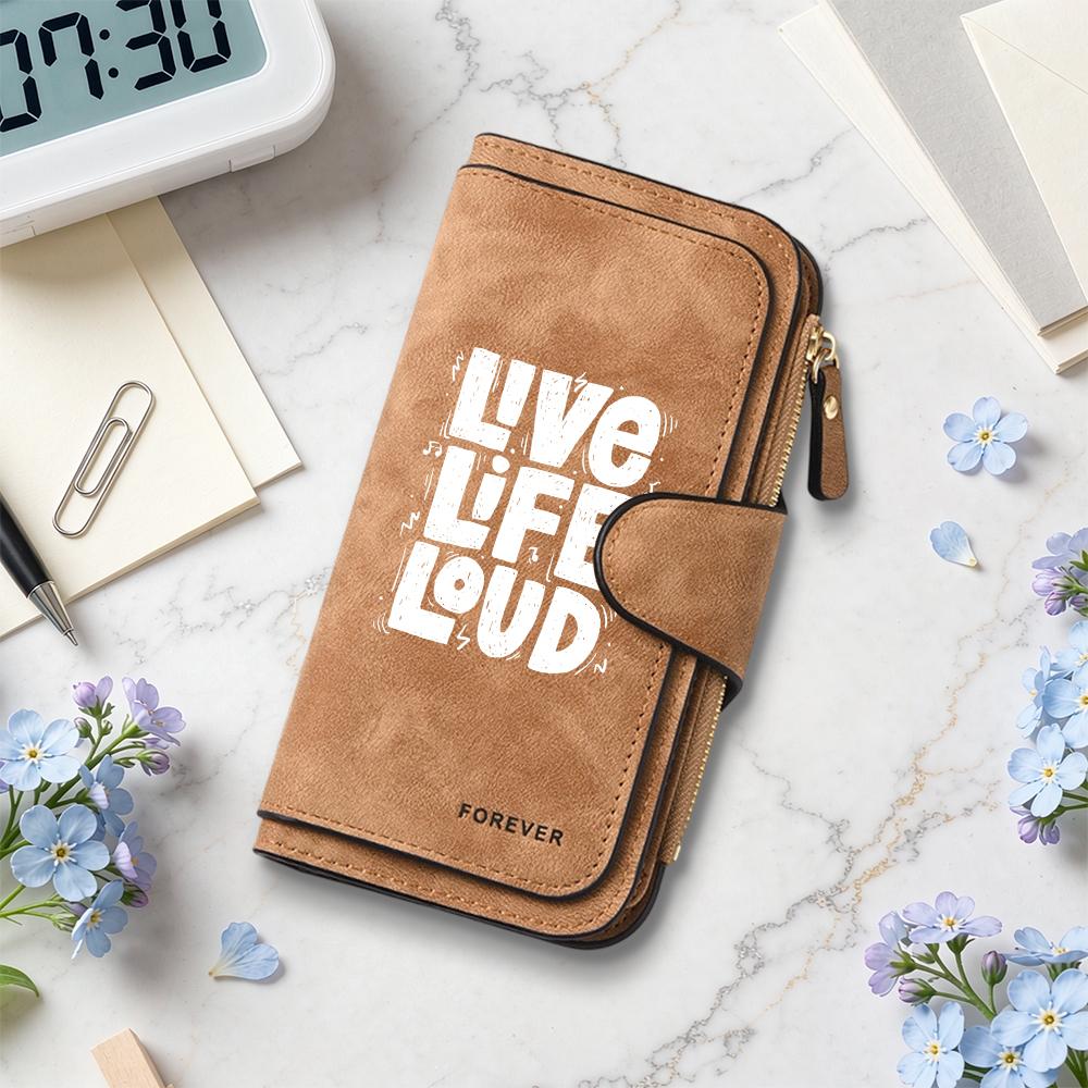 Fashion Long Wallet Live Life Loud Print Purse Multi Card Slot Holder Portable Casual Daily Use Handy Clutch Forever Style