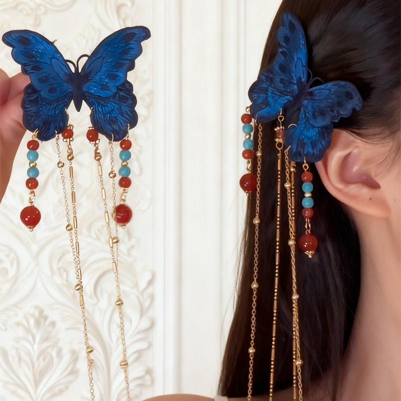Exquisite Blue Butterfly Tassel Hair Clip | Ethnic Chinese Style