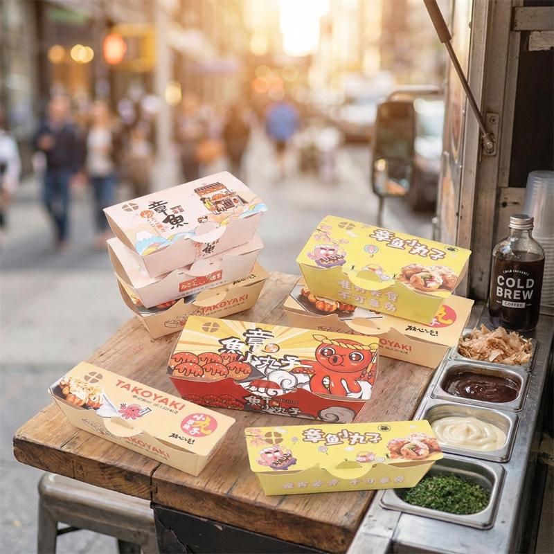 Takeaway Packaging Box Disposable Octopus Ball Paper Snack Container 50pcs for Market Stall Fast Serving