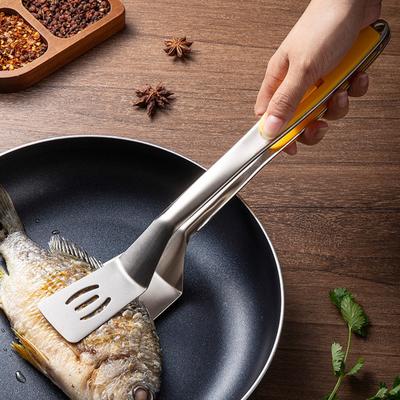 Skållningsskyddande stekspade tång rostfritt stål matspade klämma 2-i-1 skjutlås matvändare för fisk pannkakor hamburgare biff