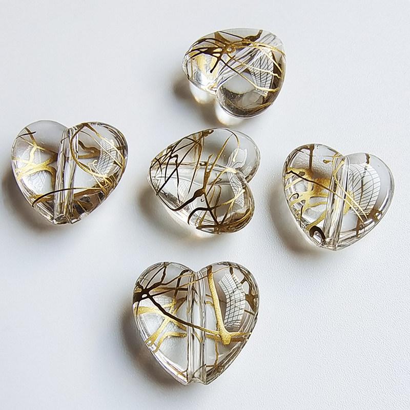 Gold Thread Heart-Shaped Acrylic Beads for DIY Jewelry Making