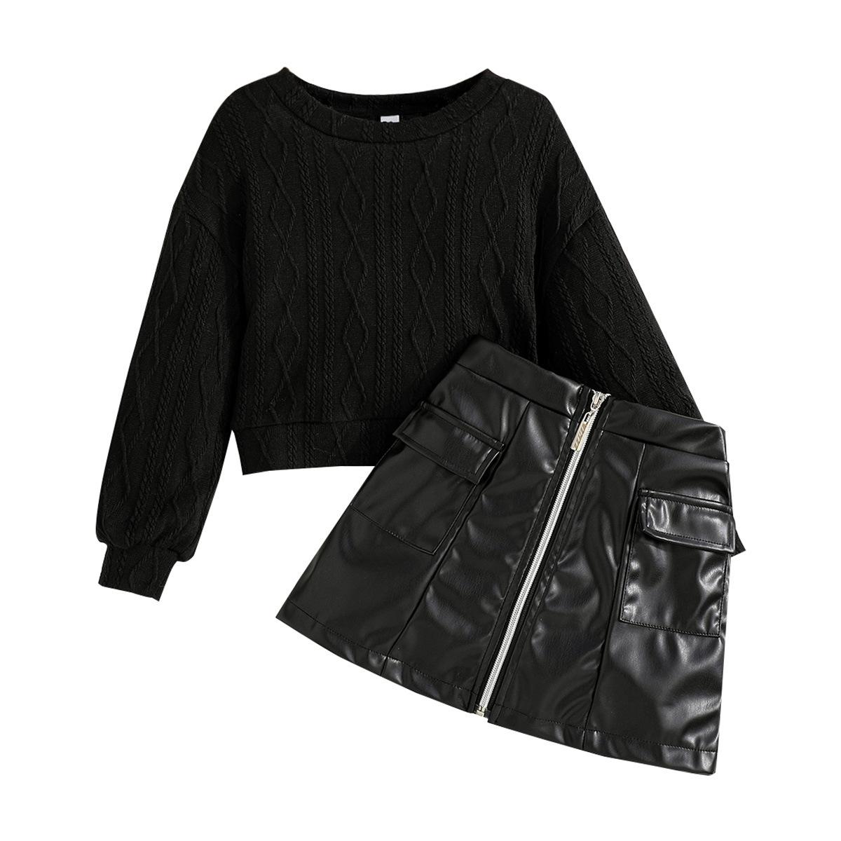 

Girls Spring and Autumn Fashion Trend Set Solid Color Long Sleeve Top + Leather Patchwork Short Skirt 8Y чорний