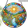 2D Flat Stained Glass Sun Flower Lakeside Window Decoration, 6.3/7.87inches Colored Glass Plate with Chain, Charming Indoor/Outdoor Sun Catcher Home