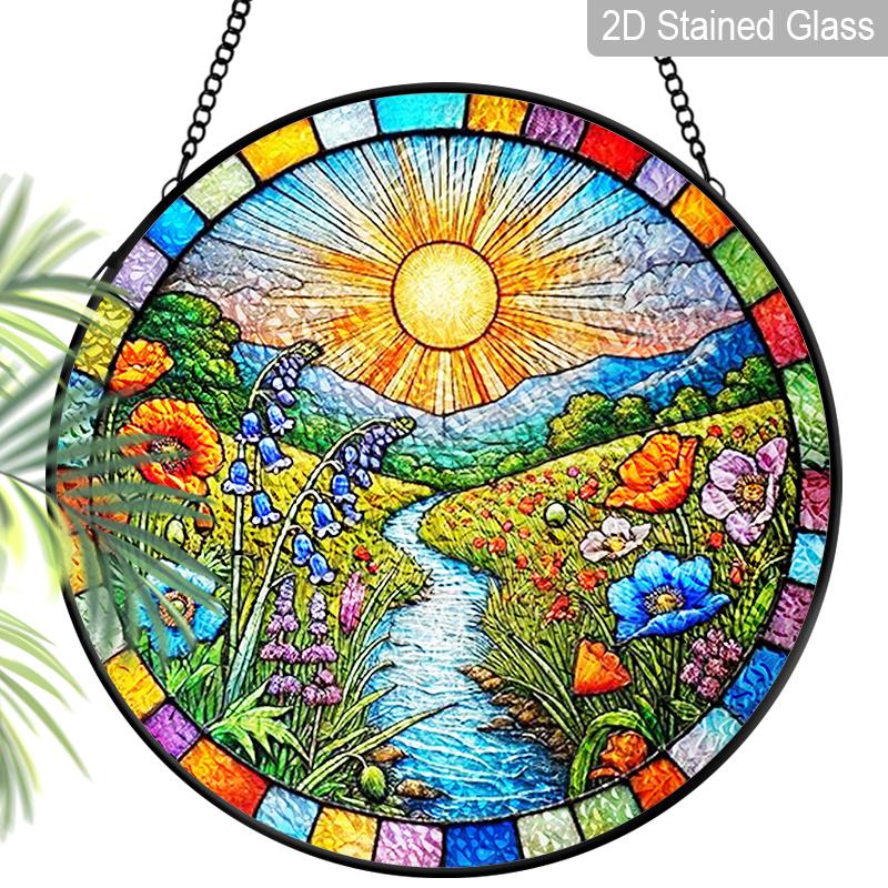 2D Flat Stained Glass Sun Flower Lakeside Window Decoration, 6.3/7.87inches Colored Glass Plate with Chain, Charming Indoor/Outdoor Sun Catcher Home