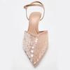 Fashion Luxury Designer Mesh Thin High Heeled Sandals Women Sexy Pointed Toe Bling Pumps Beige Open Heel Ankle Strap Wedding Party Shoes