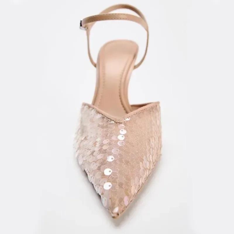 Fashion Luxury Designer Mesh Thin High Heeled Sandals Women Sexy Pointed Toe Bling Pumps Beige Open Heel Ankle Strap Wedding Party Shoes