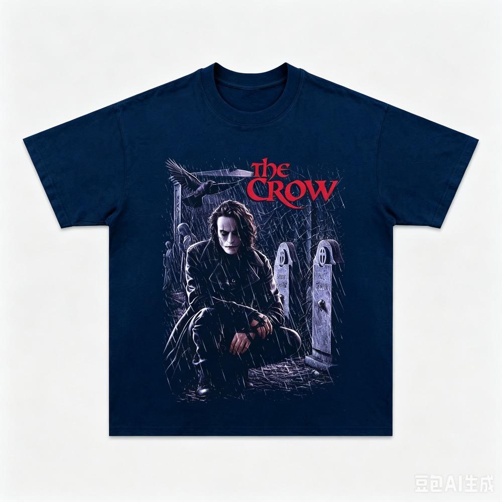 Black Cemetery Rain Male Ghost Portrait Graphic Tee Red Gothic Movie Header Chest Oversized Street Tops