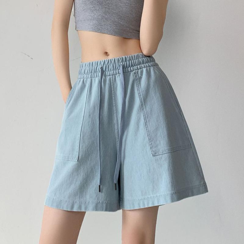 Letnie Damskie Luźne Szorty Jeansowe Modne Kieszenie ze Sznurkiem Szerokie Nogawki Szorty Denim Eleganckie Szorty Jeansowe A-line Casualowe Plisowane Szorty ze Stanem 948