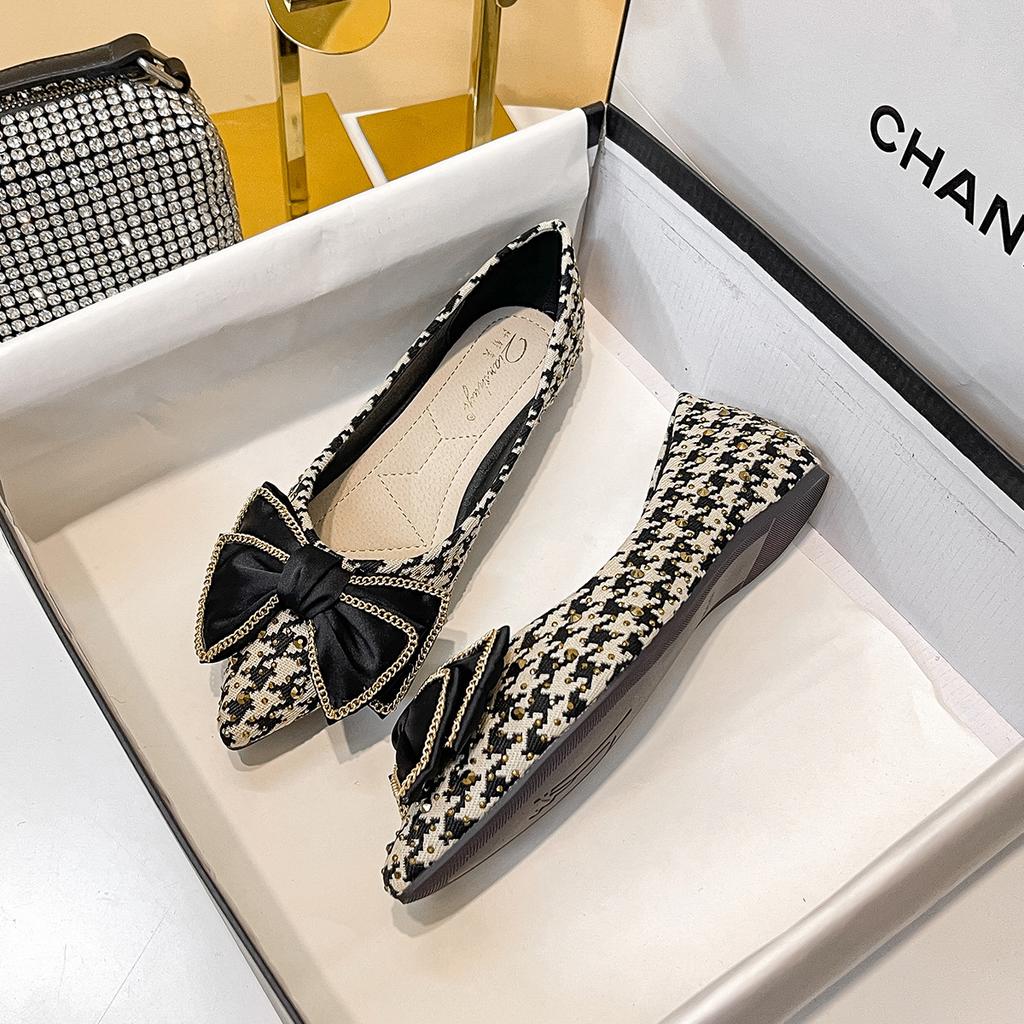 Fashion Elegant Bowknot Flats Women Houndstooth Ballets Shoes Shallow Pointed Toe Rivets Loafers Female Office Dress Slip On Ballerinas