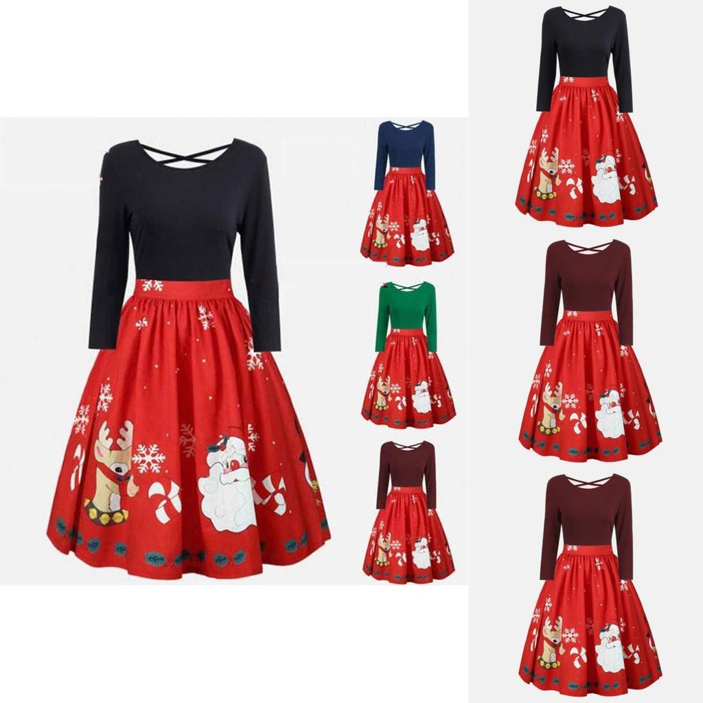Elegant Womens Fashion Long Sleeve Plus Size Christmas Print Criss Cross Party Dress
