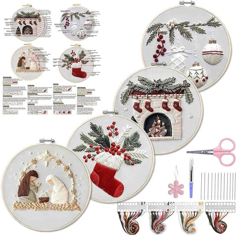 B-Est 4 Sets Christmas Embroidery Kits Christmas Embroidery Crossstitch Kits For Beginners