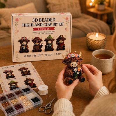 3D Beaded Highland Cow Kit for Adults, Tiny 3D Beaded Animals, DIY Bead Kit, Highland Cow Beading Embroidery Kits, 4 Cute Designs Cow Themed Beadwork