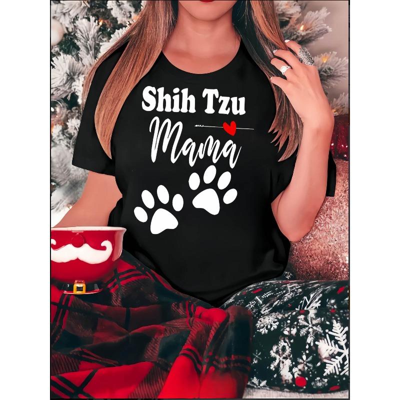

European sizes Women s Paw Print Letter T-Shirt - Short Sleeve Summer Top with Dog Paw Prints & Alphabet Letters, Casual Round Neck Blouse S чёрный