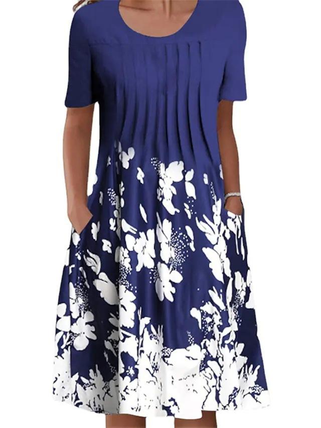 Spring and Summer Floral Print Crew Neck Pullover Medium and Long Dress Women's Clothing