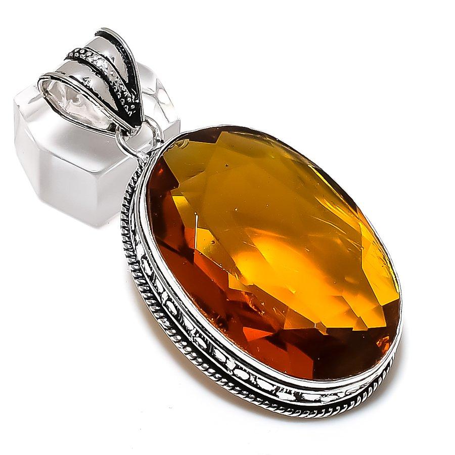 Honey Topaz Gemstone Handmade 925 Sterling Silver Jewelry Pendant 2.36" Z6H05