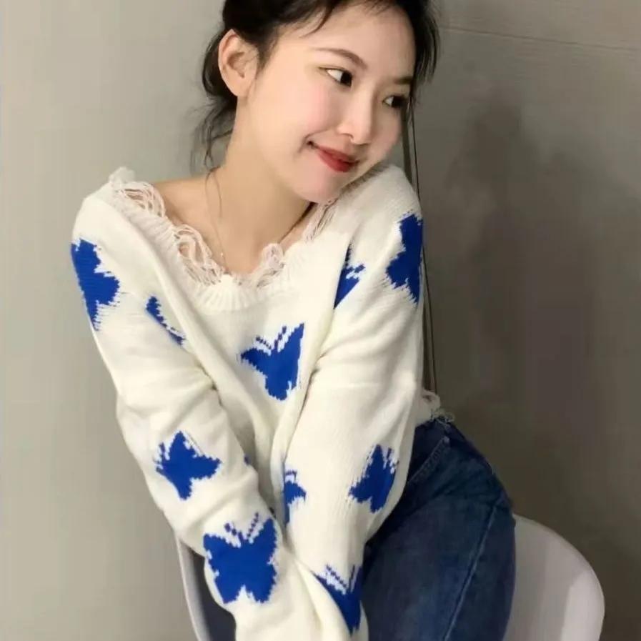 Sweater Butterfly Knitted Top Off shoulder Ripped Short Korean Lazy Style Short Sweater Women's Summer and Autumn