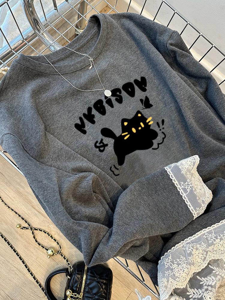 Cross280g Bestselling Plus Size Lace Trim Cartoon Brushed Long Sleeve Women's Loose T-shirt