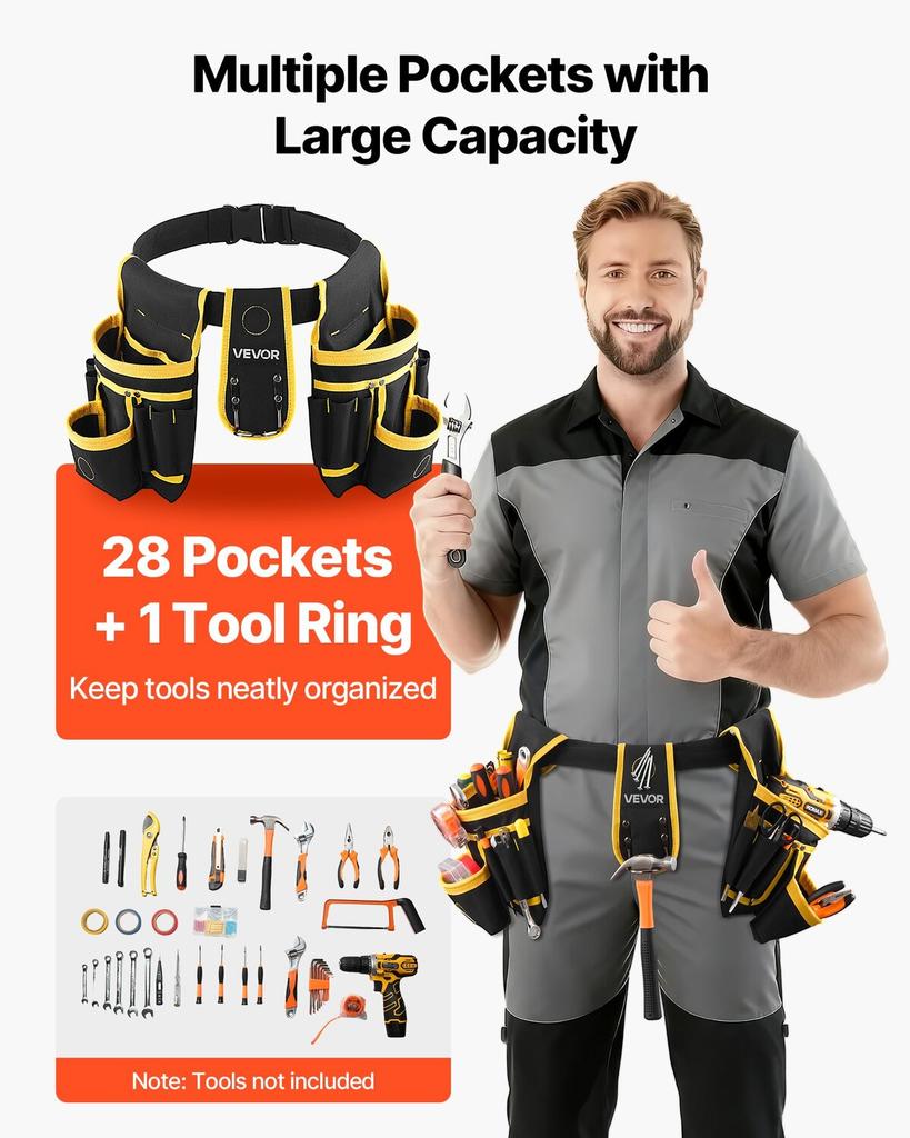 Tool Belt, Magnetic Tool Pouch for Men, 28 Pockets Heavy Duty Adjustable Utility Belt Detachable Bag for Electrician, Carpenter, Construction, Work