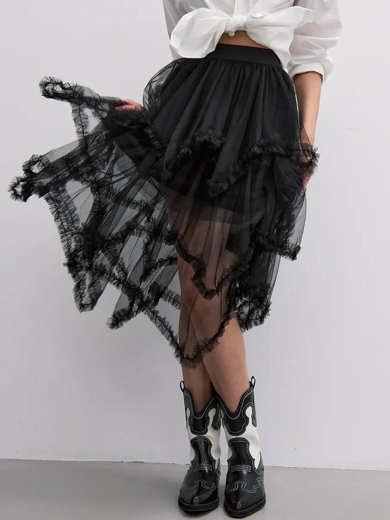 Damen Schwarzer Mesh-Rock Mode Unregelmäßiger Midirock Elegant Rüschen Y2k Stil Kleidung Elastischer Bund