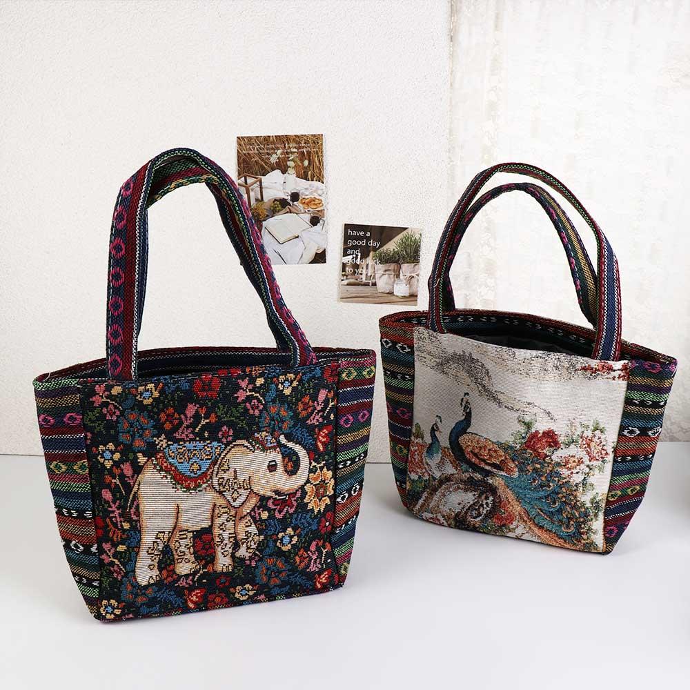 Animal Canvas Tote Bag Peacock Handbag Simple Ethnic Style Handbag  Storage Bag